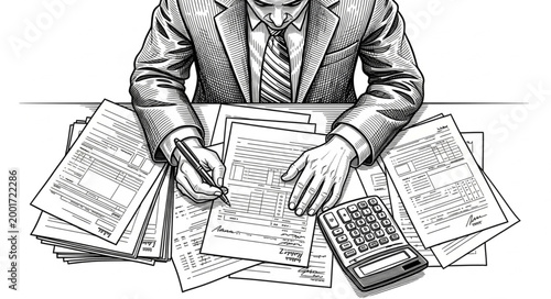 Businessman reading papers at desk.