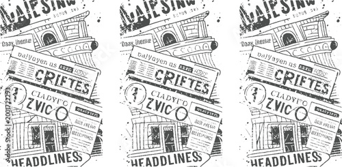 Stylized black and white of stacked newspapers with bold headlines and architectural print text vintage