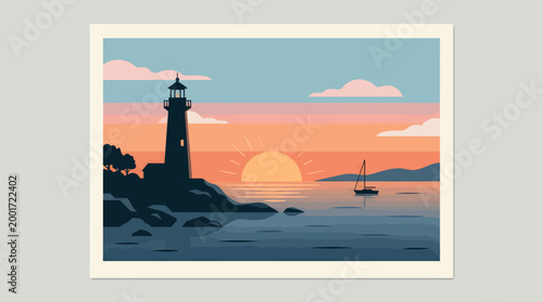 A serene lighthouse stands on a rocky shore during a vibrant sunset by the ocean with a sailboat.