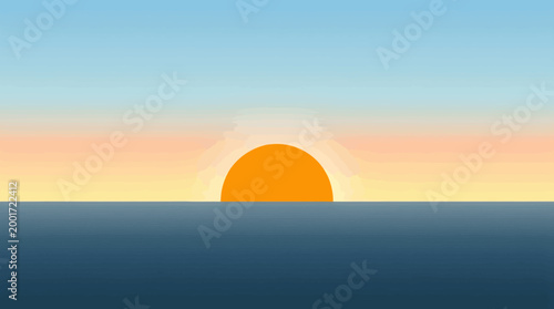 Sun rises slowly over calm ocean waters at dawn breaking