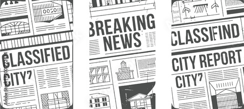 Three newspaper sections with headlines classified city and breaking news and city report in monochrome