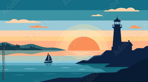 Sunset scene with lighthouse standing on rocky shoreline near sailboat