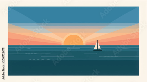 A serene sailboat rides calm ocean waves at sunset with vibrant sky