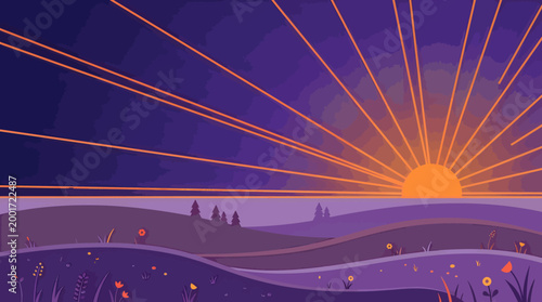 Vibrant sunset occurs over rolling hills with trees and flowers in a natural landscape scene.