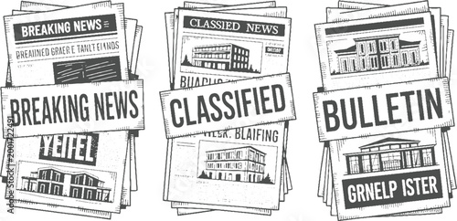 Stack of three newspapers with headlines breaking news classified news and bulletin