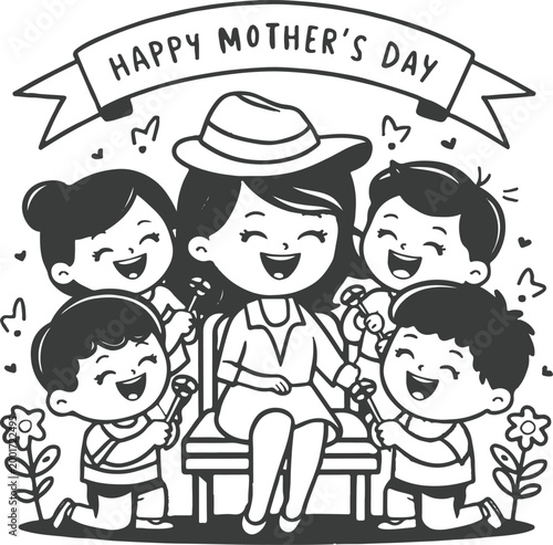 Happy Mother's Day Greeting Illustration with Cute Kids Giving Flowers to Mom, Minimalist Black and White Line Art Vector