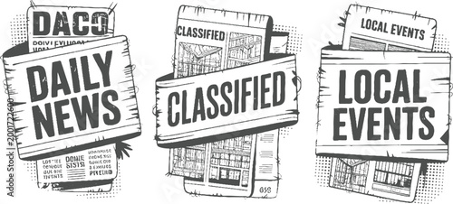 Three vintage newspaper sections daily news classifieds and local events in grayscale