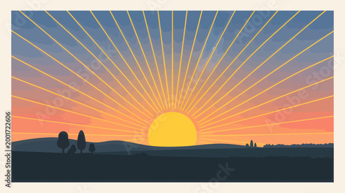 Vibrant sunset unfolds over serene landscape with silhouetted trees and hills