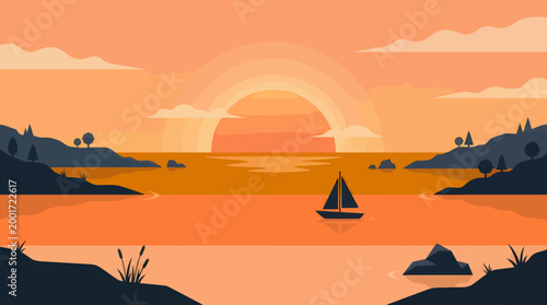 Sunset scene with sailboat on calm sea near rocky coastline and islands