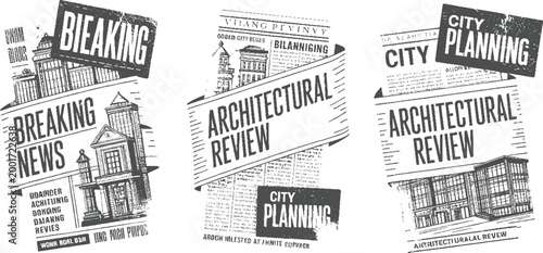 Three newspaper pages with headlines breaking news architectural review and city planning in a style