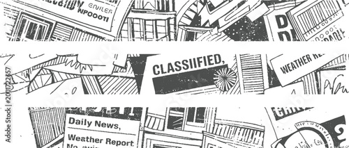 Collage of newspaper clippings featuring headlines classified ads and weather reports in a monochromatic style
