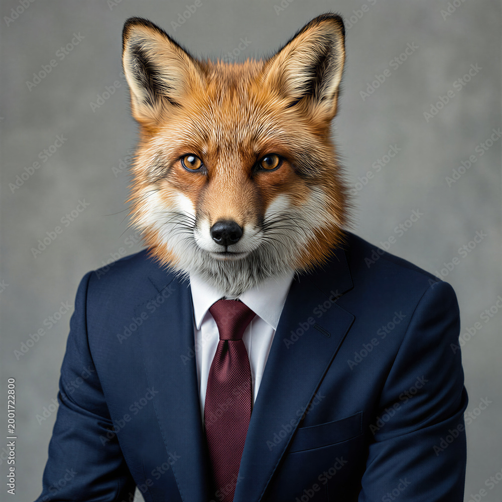 Fototapeta premium Professional photorealistic portrait of a red fox wearing a navy business suit and burgundy tie against a neutral gray studio background with soft lighting