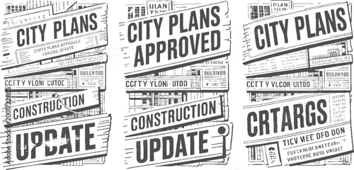 Three newspaper clippings showing city plans construction updates and approved status in bold black text on white