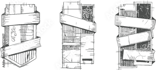 Three monochrome sketchy banners with layered and textured backgrounds ribbon grey black