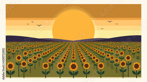 Sunflowers stretch towards sunset in a vast agricultural field landscape