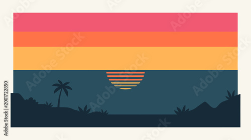 Sunset scene with palm tree and mountain range in tropical landscape
