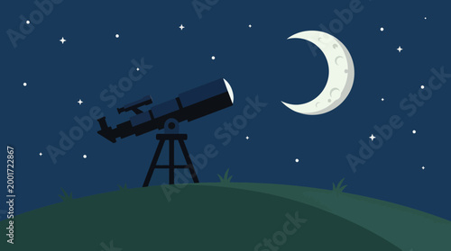 Astronomer observes the moon through a telescope on a hill at night.