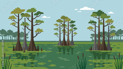 Trees stand tall in a serene swampy wetland ecosystem with water and vegetation