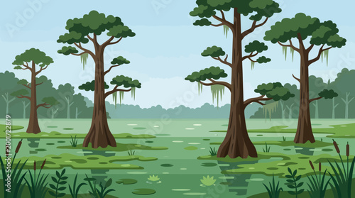 A serene landscape of trees standing in a swampy wetland area with lush greenery and plants.