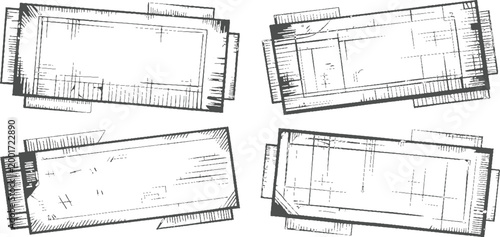 Four overlapping hand-drawn rectangular frames with textured borders and dashed lines rectangle
