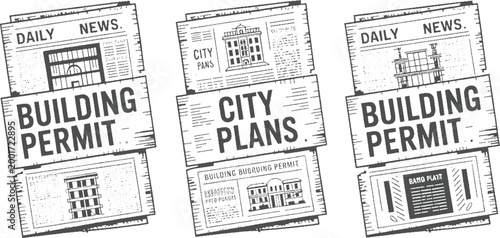 Three newspapers with headlines building permit city plans and building permit showing architectural and building structures