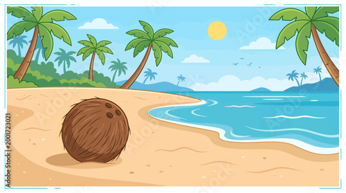 A coconut lies on the sandy beach under palm trees by the ocean.