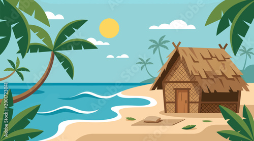 Tropical hut on a serene beach with palm trees and ocean waves under a sunny sky