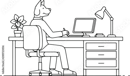 Dog dressed as businessman working at office desk, anthropomorphic animal character, modern workplace scene, computer and lamp illustration, focused work and career.
