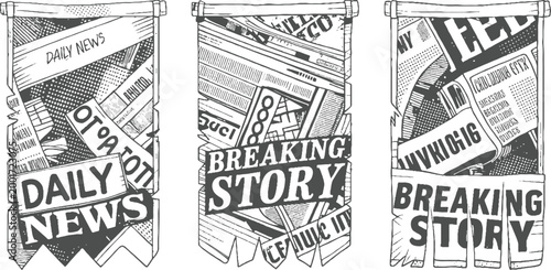 Three black and white banners featuring newspaper headlines and patterns breaking story daily