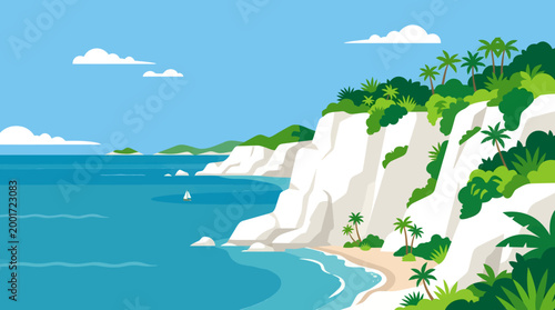 Tropical island cliffside with lush greenery and sandy beach by calm turquoise sea