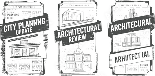 Three panels featuring architectural and text about city planning and architectural reviews architecture