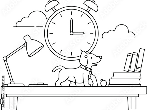 Cute dog at desk with alarm clock books and desk lamp line art illustration on transparent background.