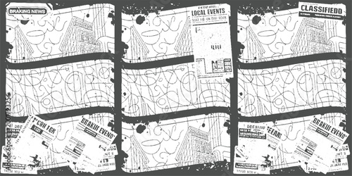 Black and white newspaper clippings with headlines like breaking news local events and classifieds overlaid with abstract scribbles and architectural