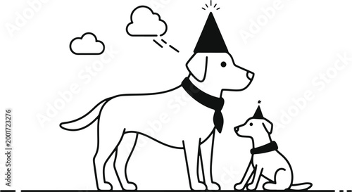 Two dogs wearing party hats celebrating with clouds in background line art illustration.