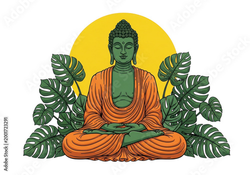 Meditating buddha statue sitting in lotus pose with tropical monstera leaves and yellow sun circle