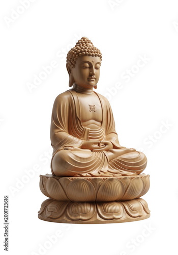Small carved wooden buddha statue sitting in lotus position for meditation and spiritual decoration