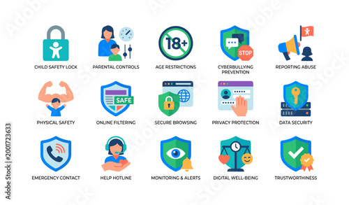 Child safety and online protection icons on white background