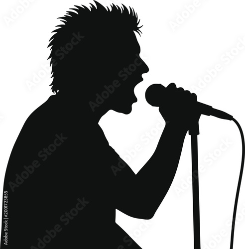 Singer silhouette with microphone, rock star performance, music concert, dynamic pose, expressive shouting, entertainment concept on transparent background.