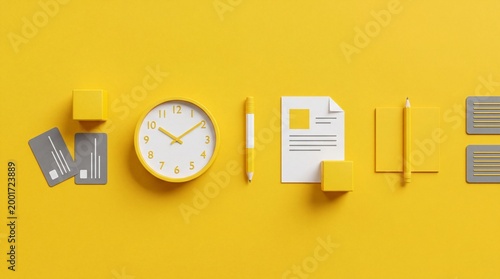 A bright yellow background with various objects arranged to spell out a word related to time and organization