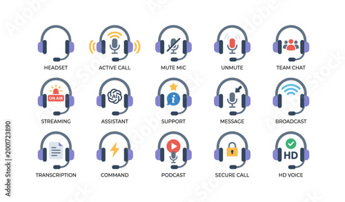 Headset icons representing call features and controls on white