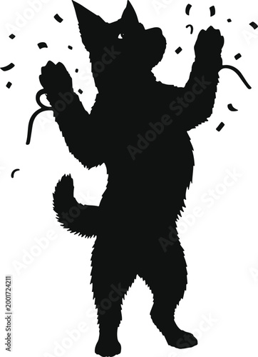 Dog standing on hind legs celebrating with confetti, silhouette.