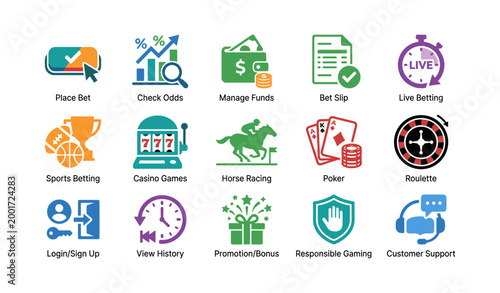 Betting and casino icons showing wagering and account features on white