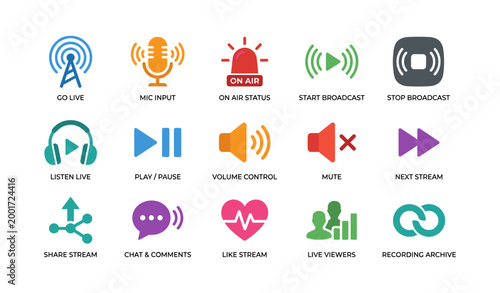 Broadcast and media control icons for live streaming interface