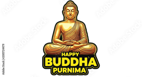 Golden buddha sitting in meditation pose for happy buddha purnima celebration graphic design