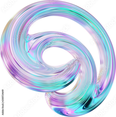 3D Metallic chrome swirl shape, iridescent abstract twist holographic form clipart. Futuristic design isolated illustration