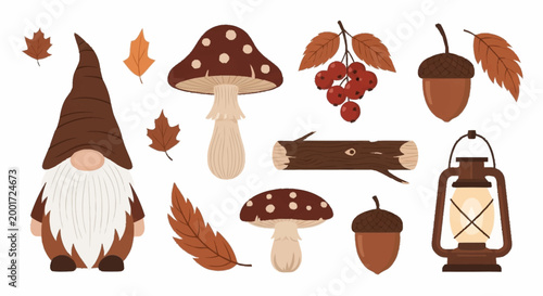 Gnome with mushrooms and leaves.