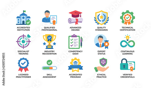 Certification and accreditation icons showing credentials on white