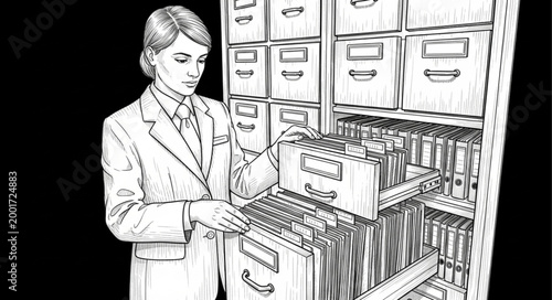 Businesswoman organizing files in a filing cabinet.
