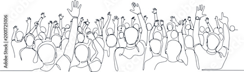 Crowd of people with hands raised in celebration, event excitement, concert atmosphere, group of fans, cheering audience.