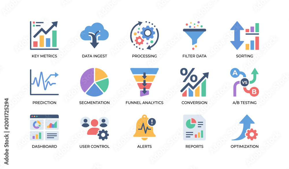Fototapeta premium Analytics icons depicting metrics and processing on white background